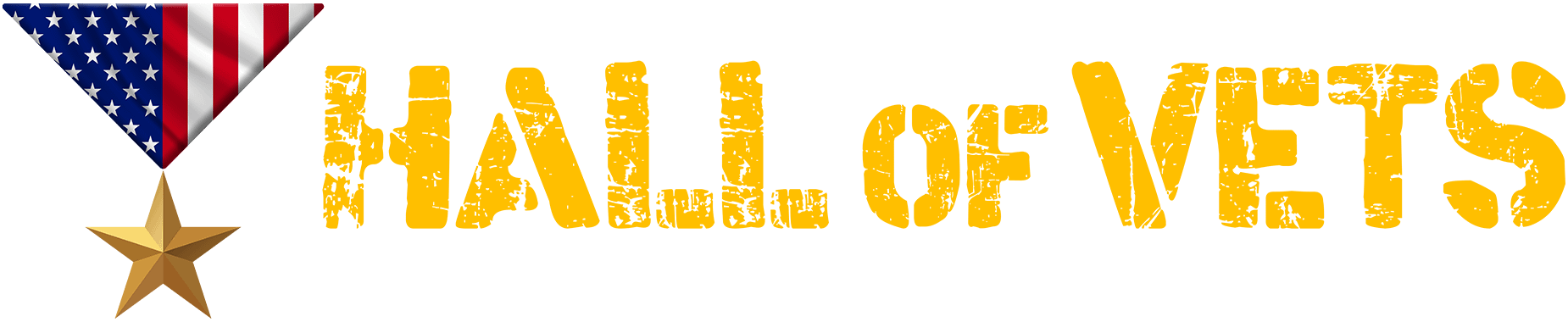 Logo for Hall of Vets with "HALL OF VETS" in gold-yellow color in a stencil font. The icon in the logo features a gold star medal hangs from a ribbon patterned with the American flag, featuring white stars on a blue field and red and white stripes.